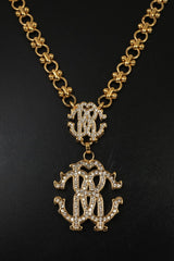 Roberto Cavalli Gold Tone Crystal Embedded Logo Necklace