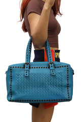 Bottega Veneta Blue Leather Intrecciato Boston Bag 