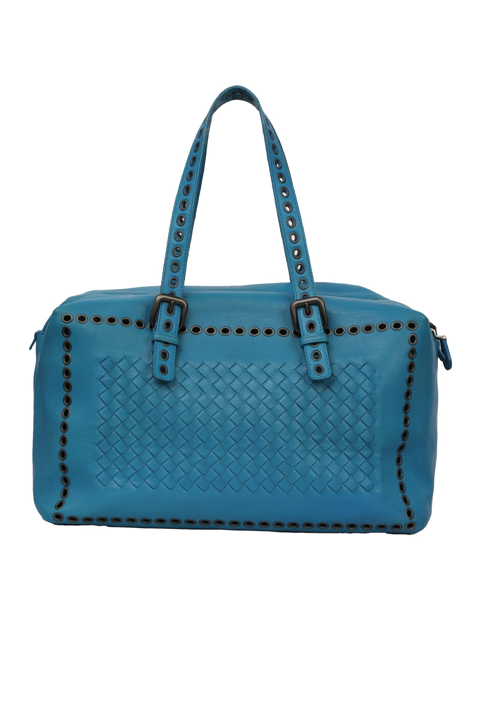 Bottega Veneta Blue Leather Intrecciato Boston Bag 