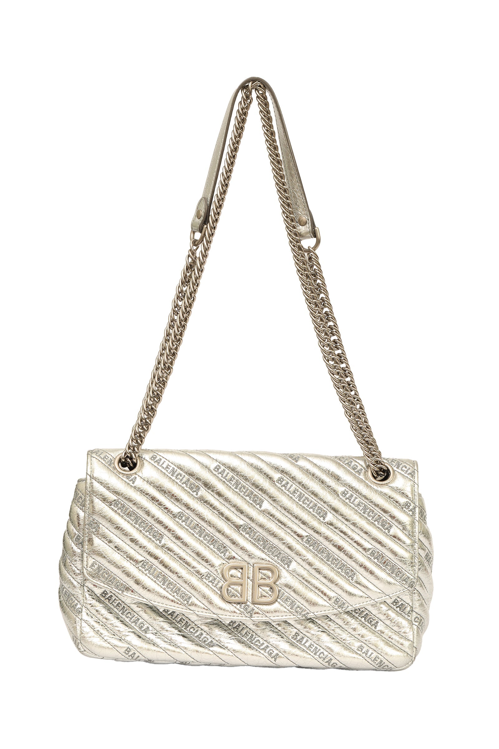 Balenciaga Bb Chain Round Silver Quilted Bag 