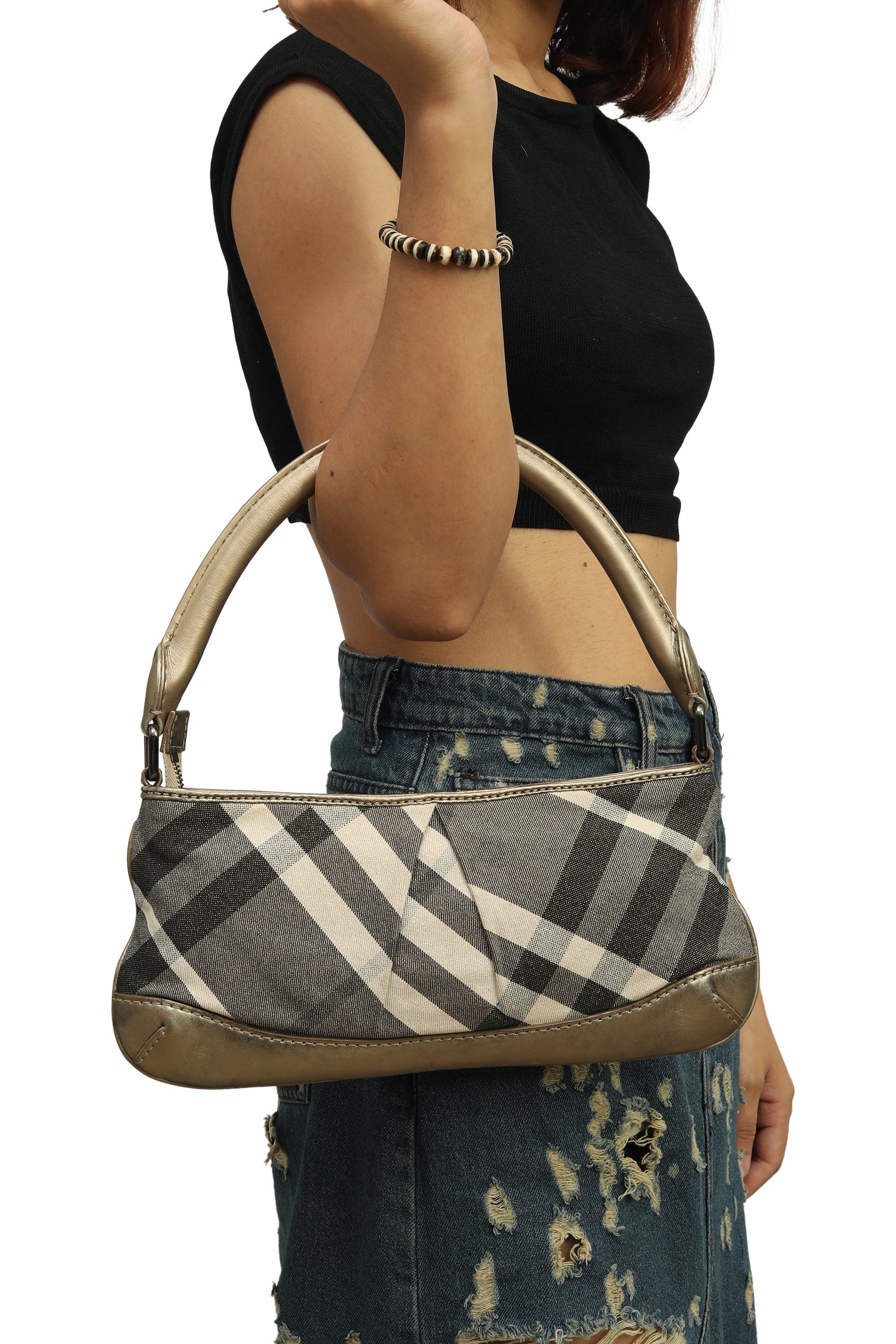 Burberry Metallic Canvas And Leather Baguette Bag 