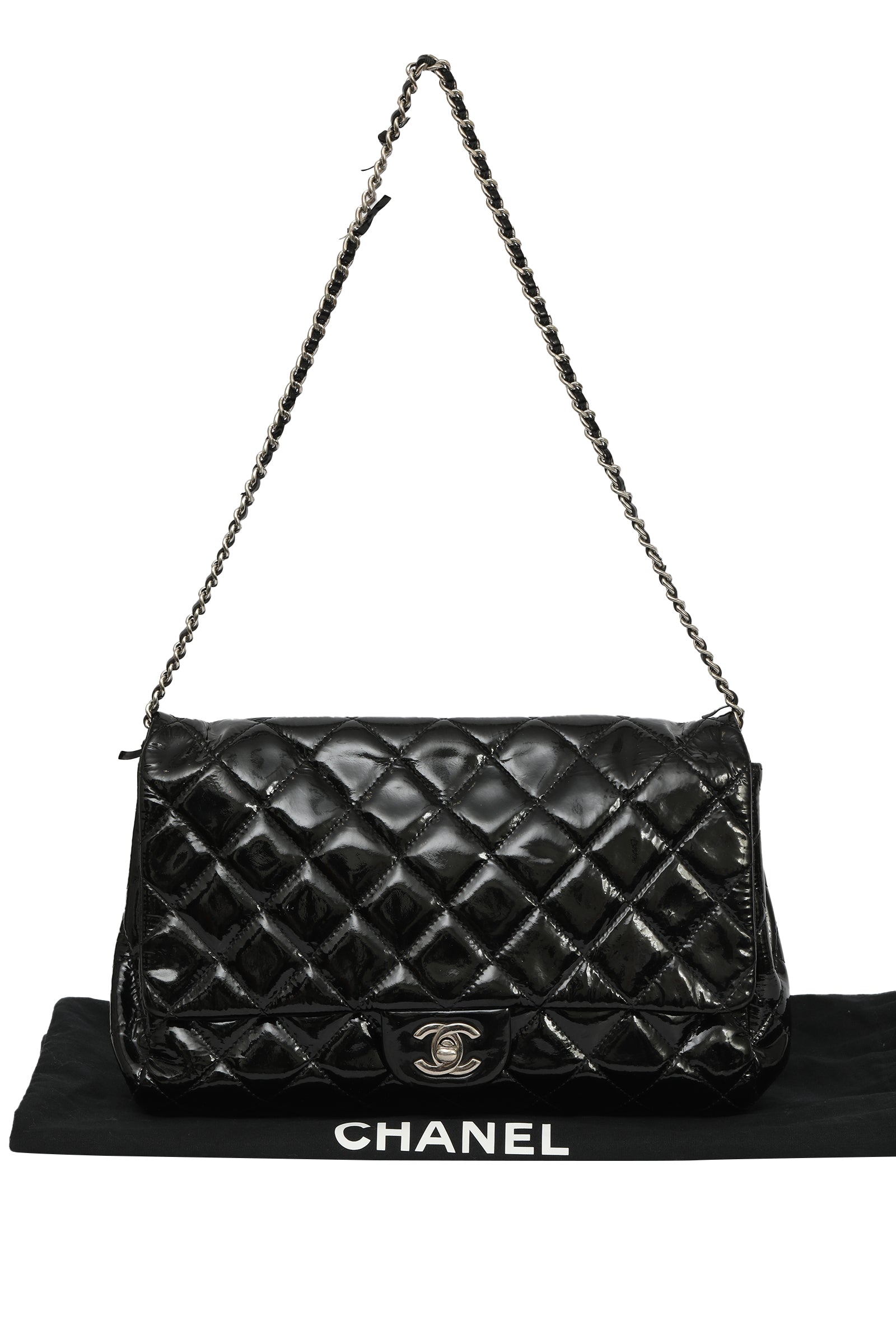 Chanel Black Patent Leather Quilted Single Flap Maxi Classic Bag 