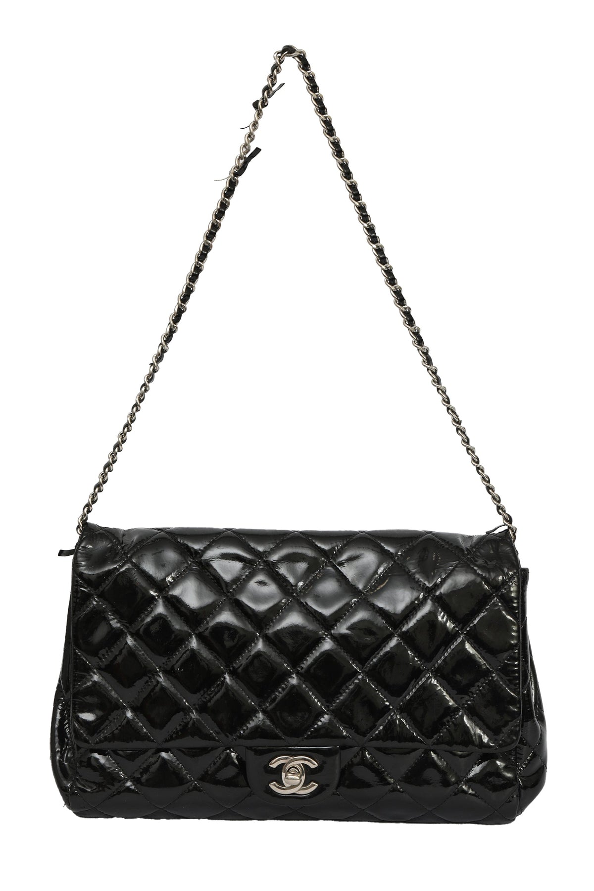 Chanel Black Patent Leather Quilted Single Flap Maxi Classic Bag 