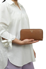 Prada Caramel Saffiano Leather Zip Around Wallet