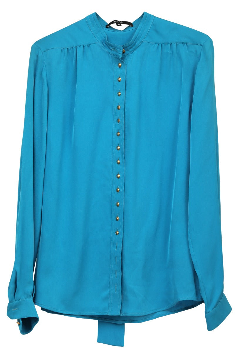 Gucci Size 38 Amelia Blue Silk Mandarin Collar Button Down Shirt