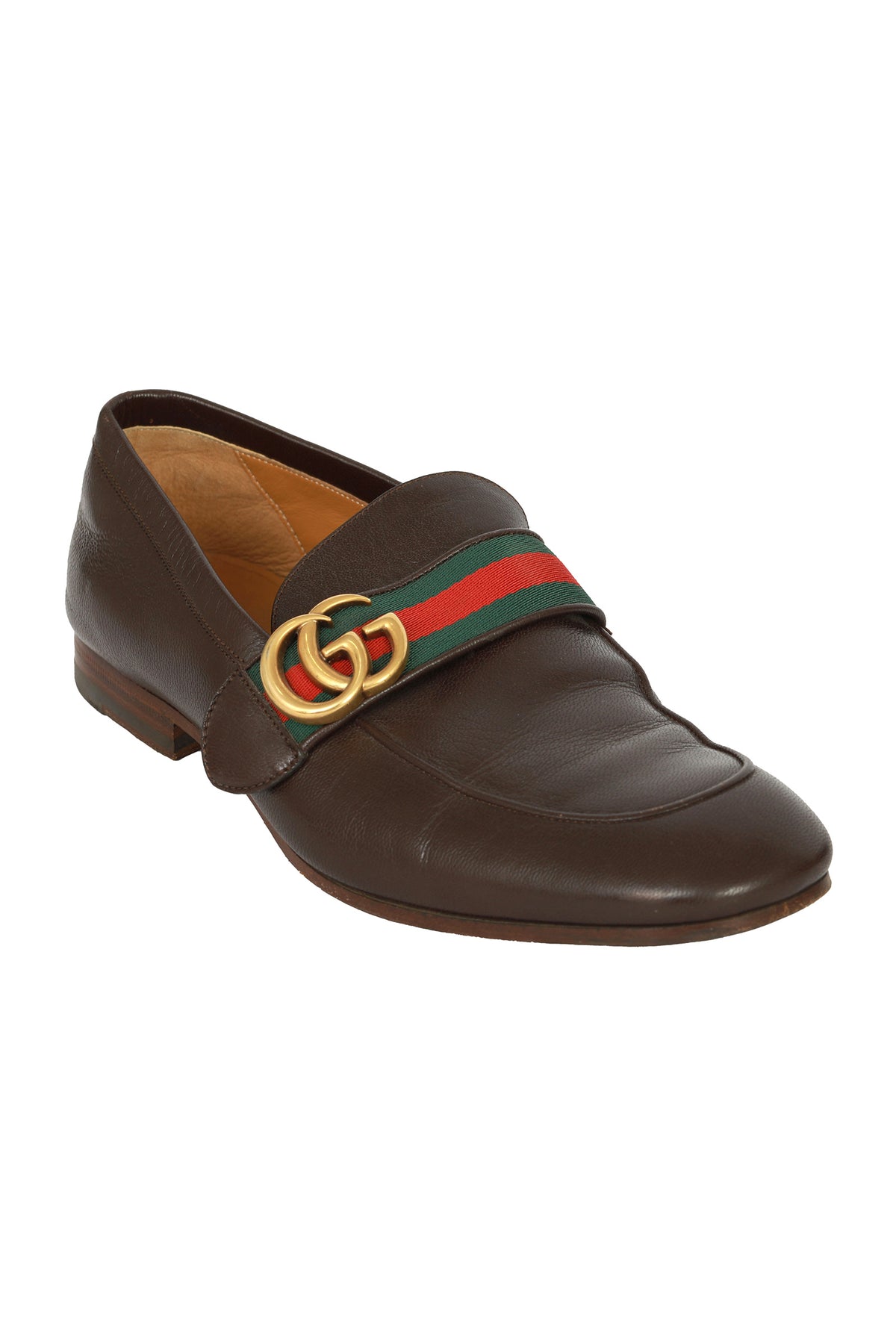 Gucci Size 6 Brown Leather Web Logo Loafers