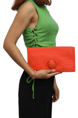 Bottega Veneta Orange Intrecciato Leather Twist Lock Clutch 