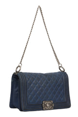 Chanel Navy Metallic Cavier Medium Boy Bag 