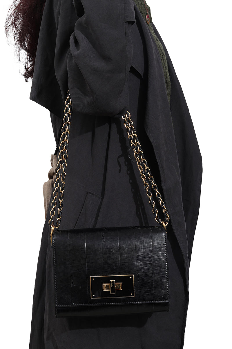 Fendi Claudia Pequin Embossed Vernice Leather Shoulder Bag 