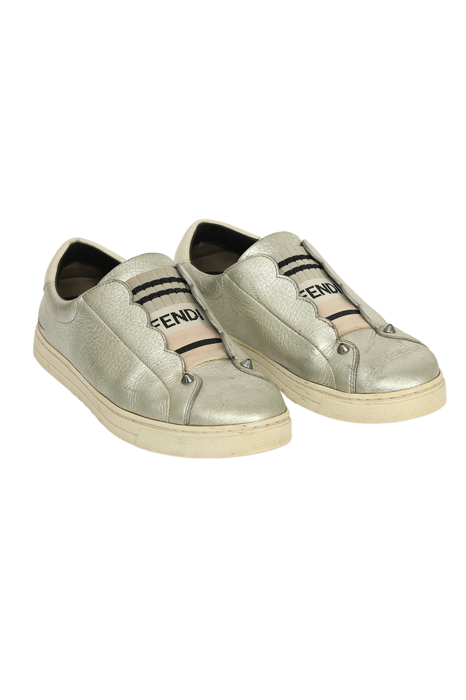 Fendi EU 37 Silver Leather Rockoclick Slip On Sneaker 