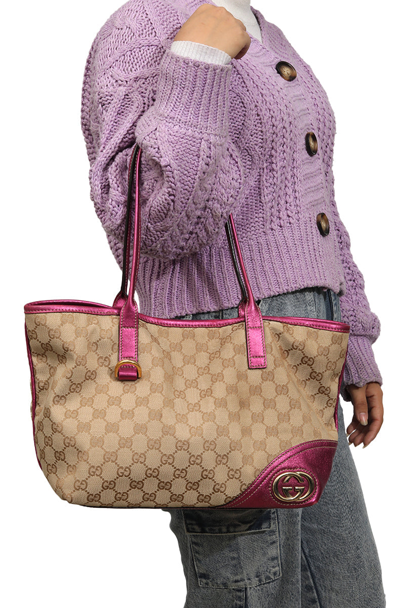 Gucci Canvas Britt Pink Tote Bag 