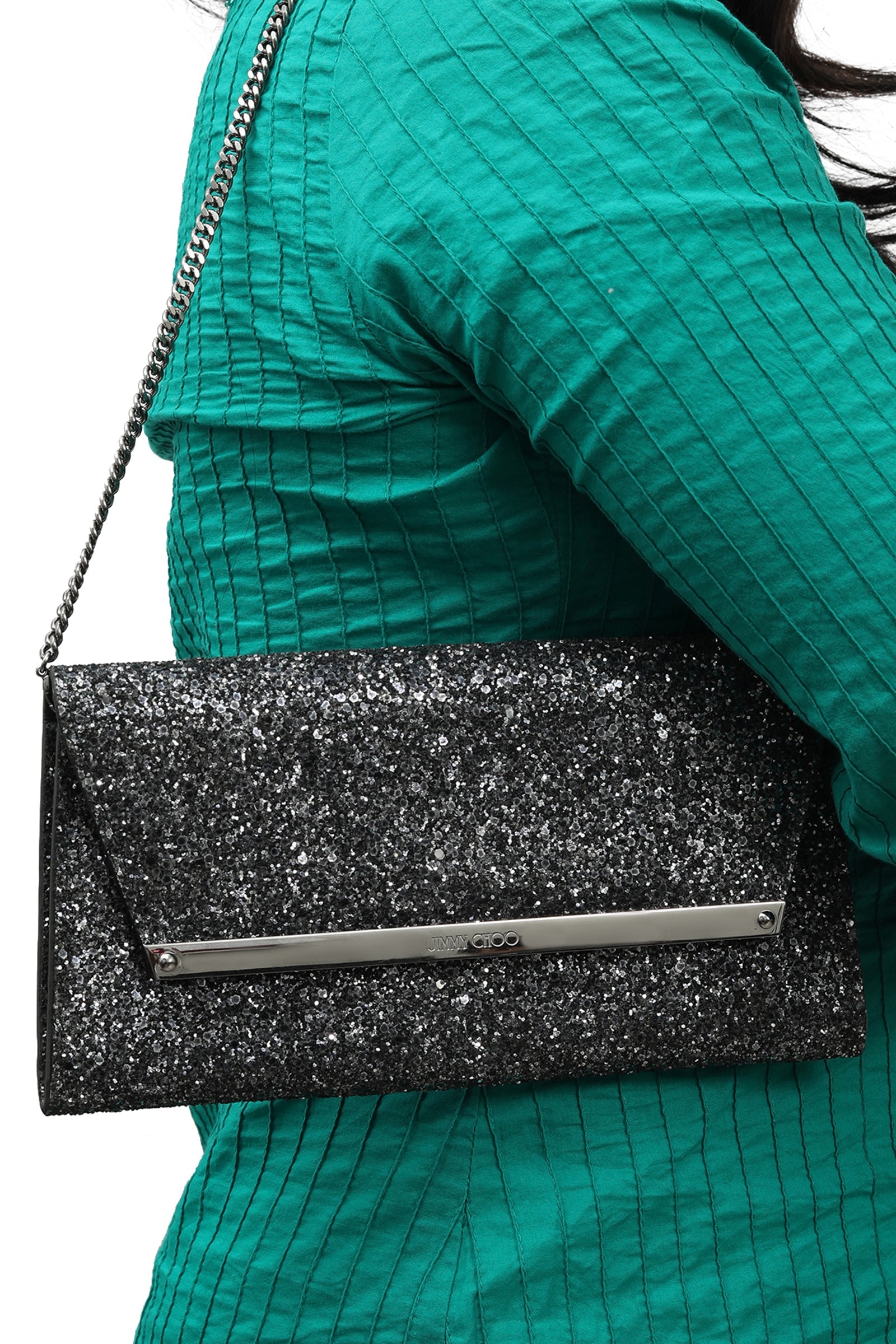 Jimmy Choo Margot Coated Glitter Anthracite Clutch 