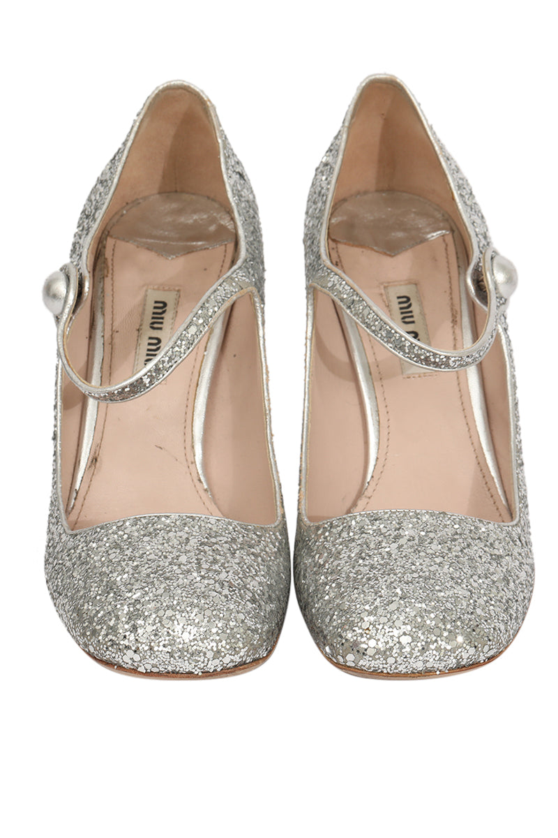 Miu Miu EU 39 Silver Glitter Heels 
