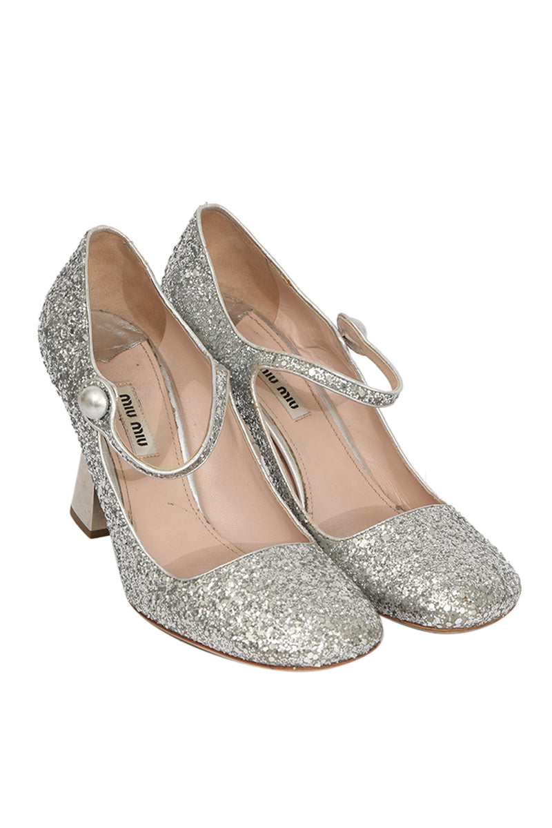 Miu Miu EU 39 Silver Glitter Heels 