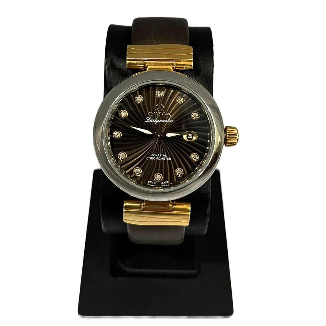 Omega 34 Mm De Ville Ladymatic Brown Leather Diamond Watch 
