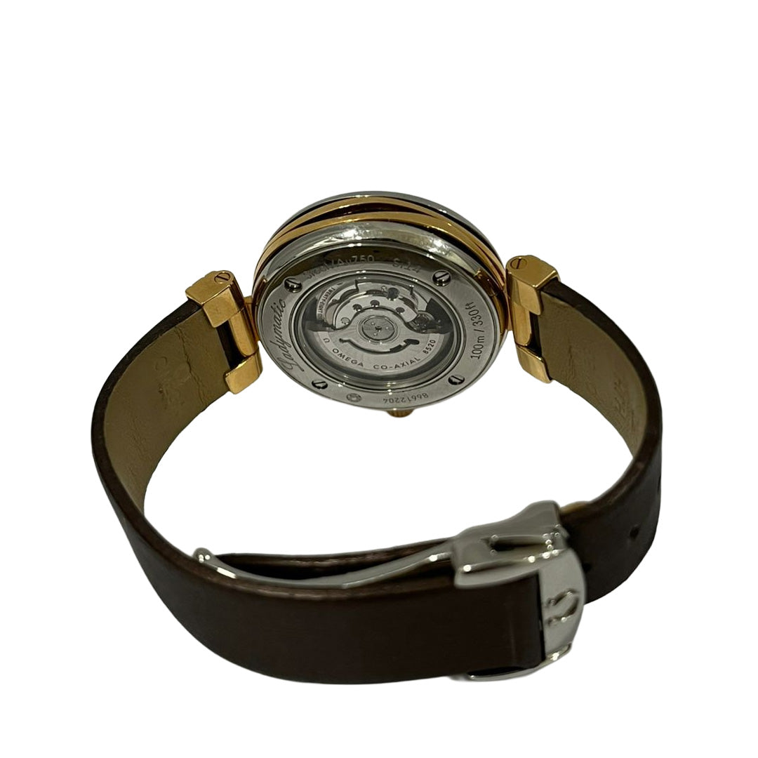 Omega 34 Mm De Ville Ladymatic Brown Leather Diamond Watch 