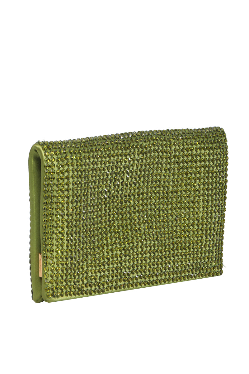 Tom Ford Green Satin Crystal Embellished Flat Clutch 
