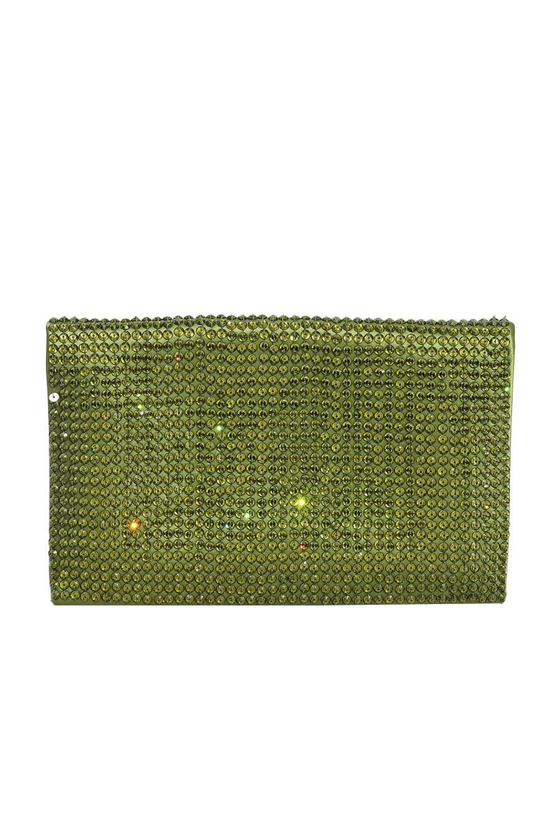 Tom Ford Green Satin Crystal Embellished Flat Clutch 