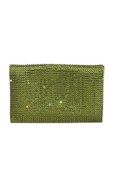 Tom Ford Green Satin Crystal Embellished Flat Clutch 