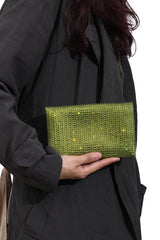 Tom Ford Green Satin Crystal Embellished Flat Clutch 