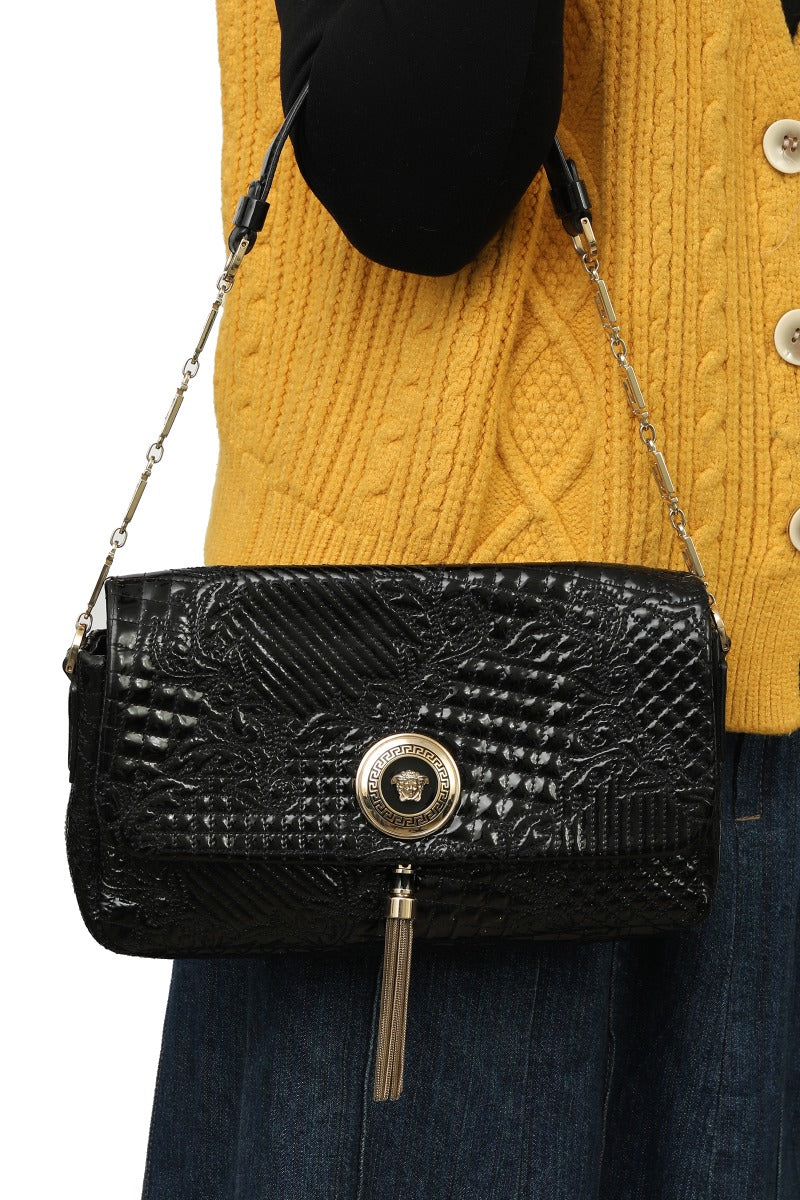 gianni-versace-black-patent-leather-medusa-head-tassel-shoulder-bag