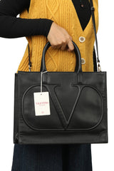Valentino Black Leather V Logo Tote Bag