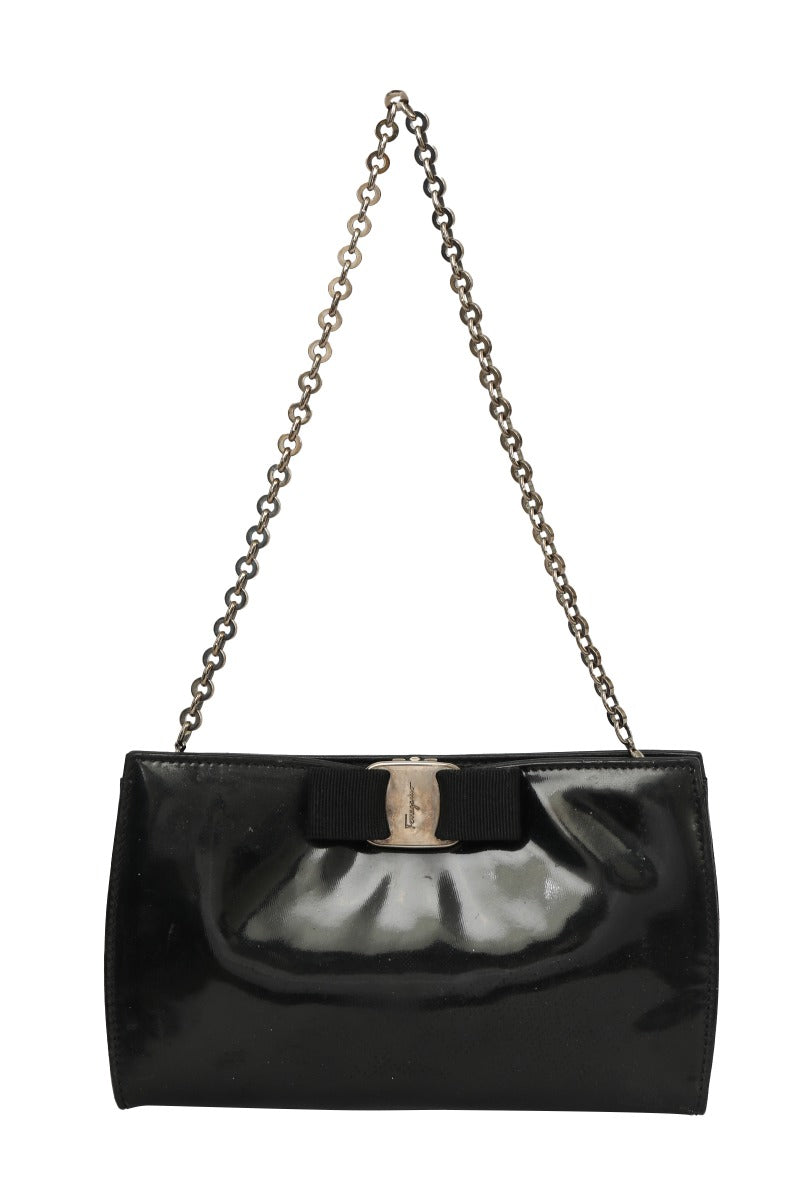 Salvatore Ferragamo Black Patent Leather Vara Bow Sling Bag