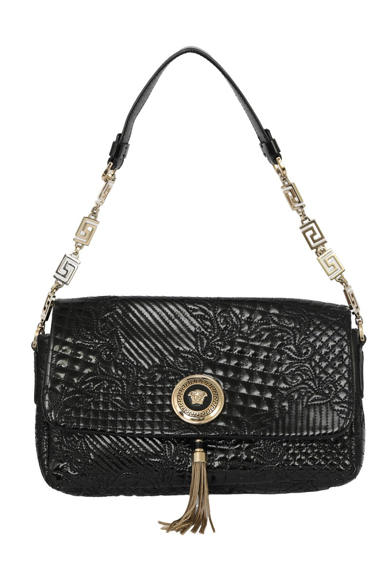 gianni-versace-black-patent-leather-medusa-head-tassel-shoulder-bag