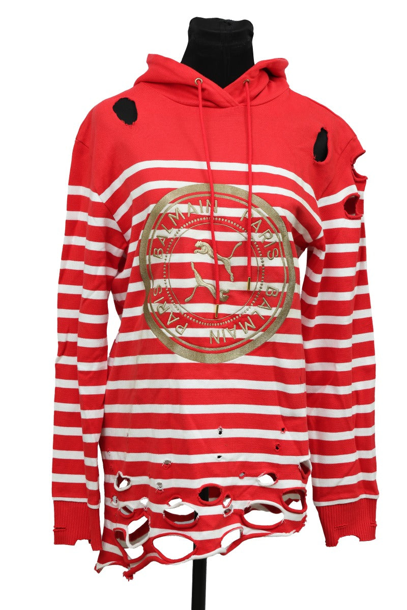 Balmain X Puma Small Red Stripped Distressed Hoodie