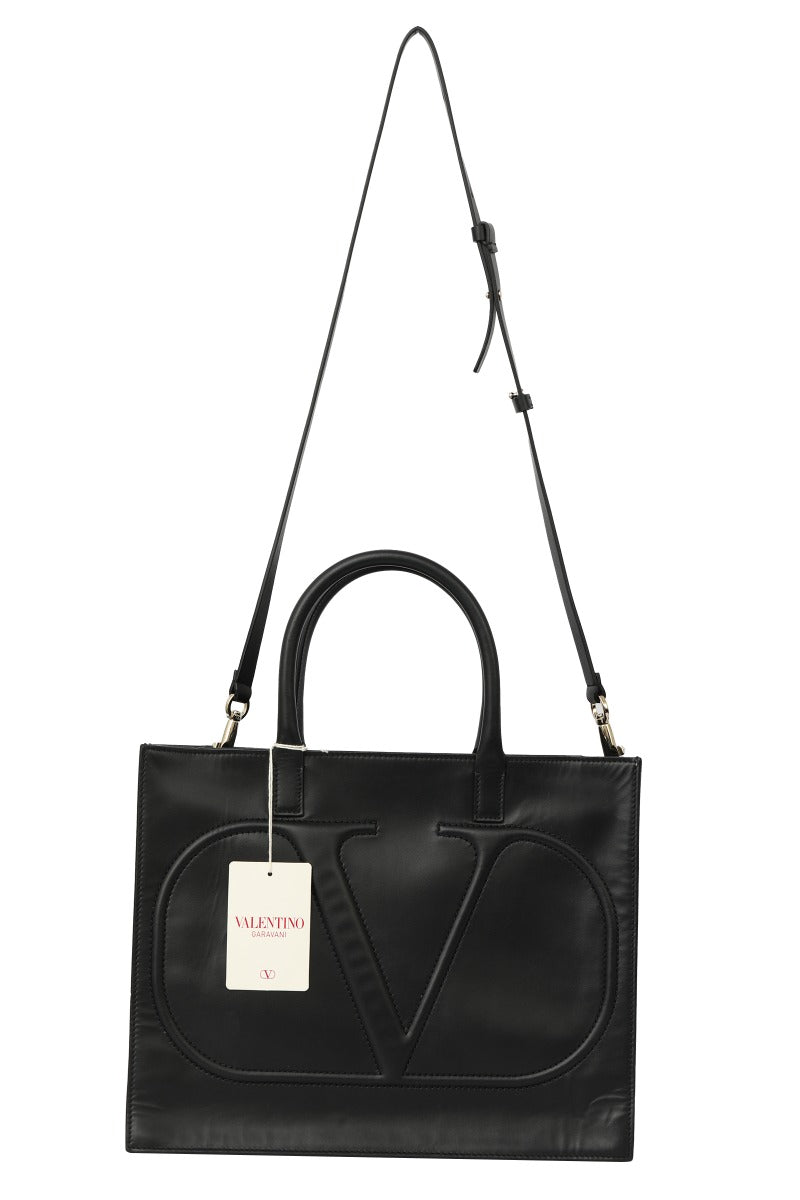 Valentino Black Leather V Logo Tote Bag