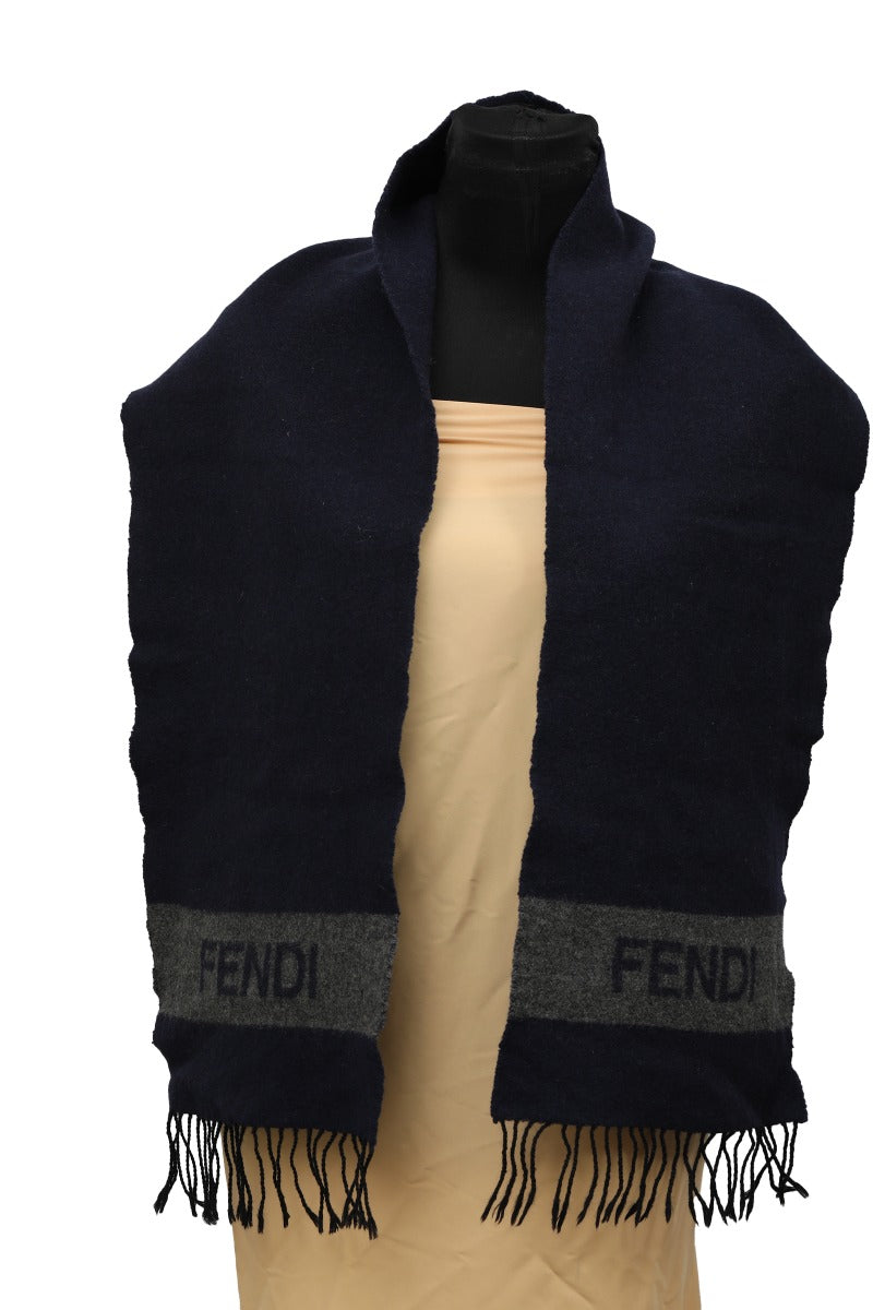 Fendi Navy Blue And Gray Logo Muffler