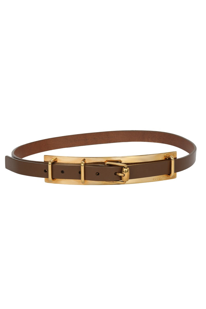 Gucci 85Cm I 34 Inch Brown Leather Metal Plate Buckle Belt
