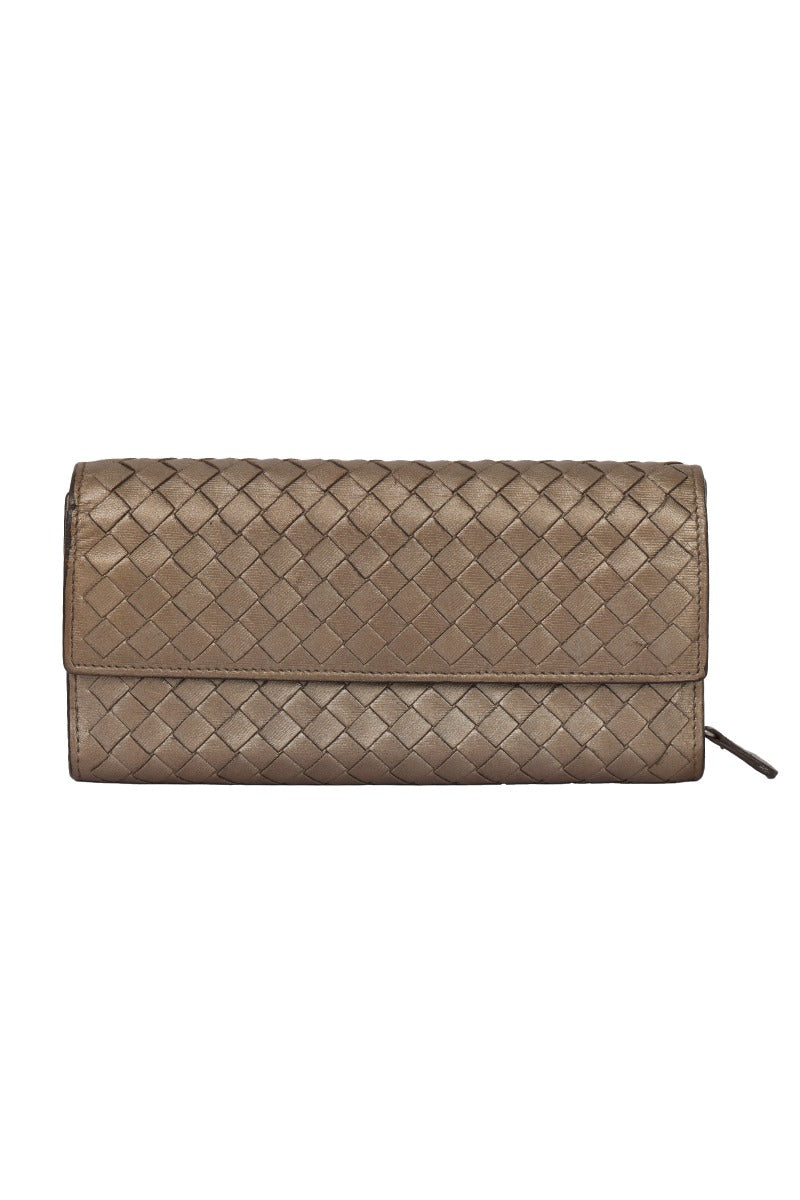Bottega Veneta Intercciato Bronze Metallic Leather Long Wallet