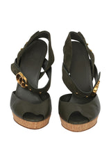 Gucci Size 40 Green Leather Cork Platform Peep Toe Heels