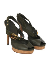 Gucci Size 40 Green Leather Cork Platform Peep Toe Heels