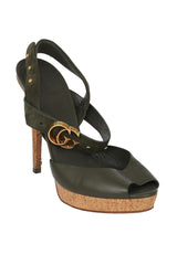 Gucci Size 40 Green Leather Cork Platform Peep Toe Heels