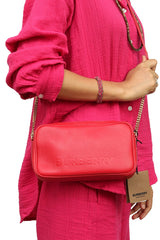 Burberry Small Red Pebbled Leather Camera Crossbody Bag