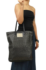Roberto Cavalli Black Leather Studded Long Tote Bag