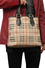 Burberry Canvas/Leather Haymark Check Beige Classic Long Tote Bag