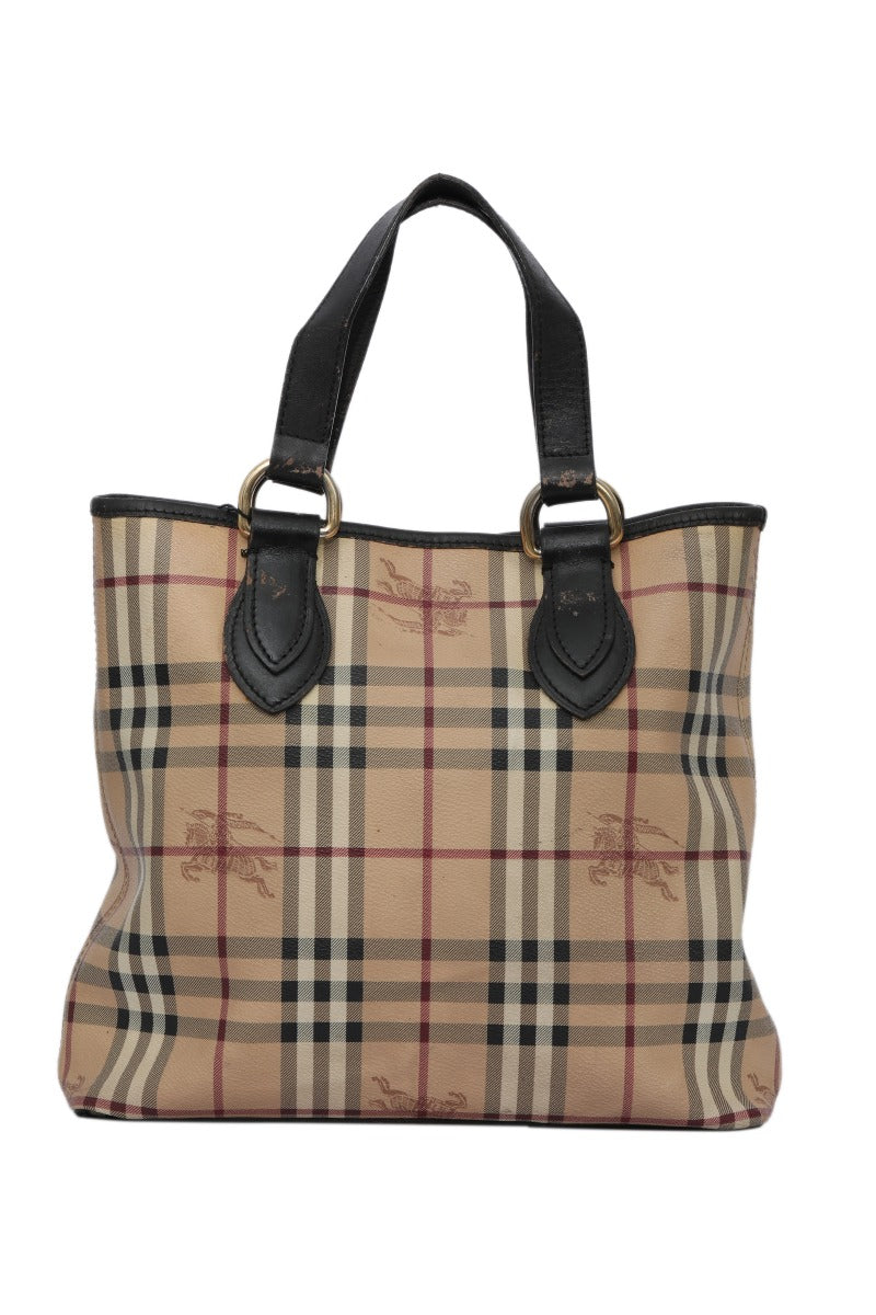 Burberry Canvas/Leather Haymark Check Beige Classic Long Tote Bag