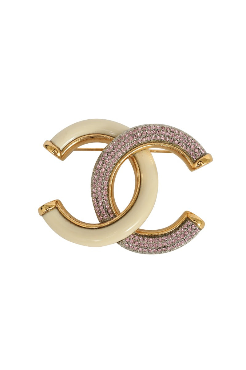 Chanel Double C White Enamel Gems Brooch