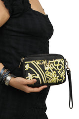 Michael Kors Black Graffiti Canvas And Leather Wristlet