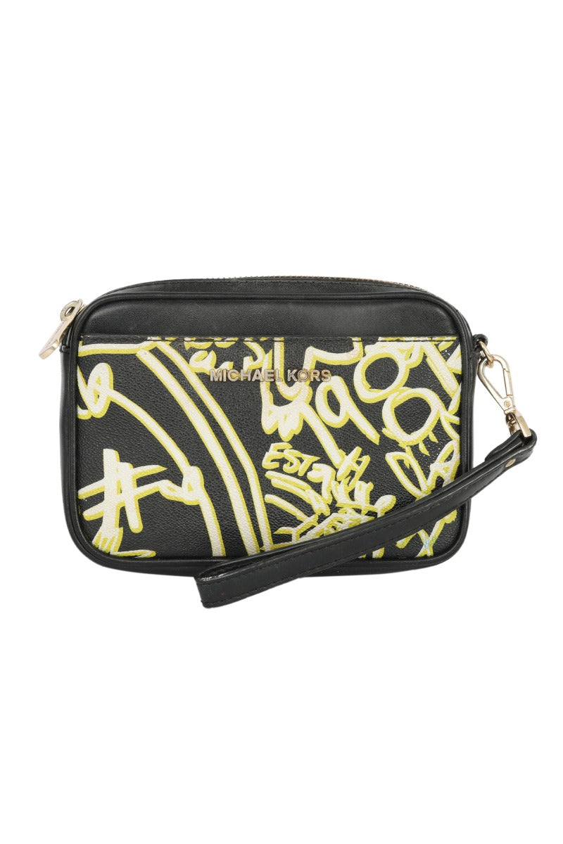 Michael Kors Black Graffiti Canvas And Leather Wristlet