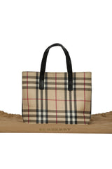 Burberry Beige Haymarket Check Coated Canvas And Leather Small Tote Bag