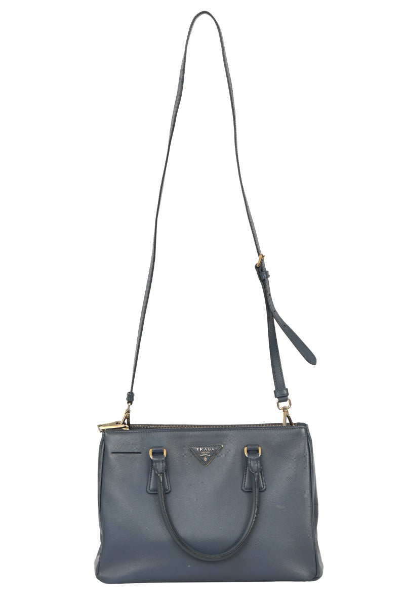 Prada Blue Leather Saffiano Top Handle Bag