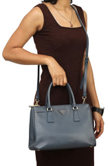 Prada Blue Leather Saffiano Top Handle Bag