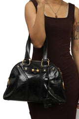 Yves Saint Laurent Crocodile Embossed Muse Black Patent Leather Bag