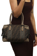 Fendi Zucca Mixed Media Boston Tabacco Brown Bag