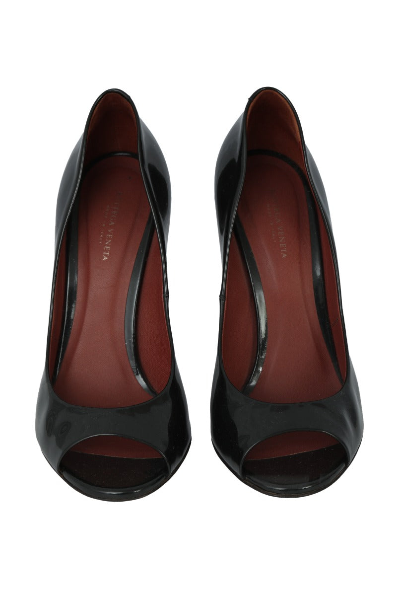 Bottega Veneta Black 37.5 Patent Leather Peep Toe Heels