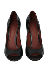 Bottega Veneta Black 37.5 Patent Leather Peep Toe Heels